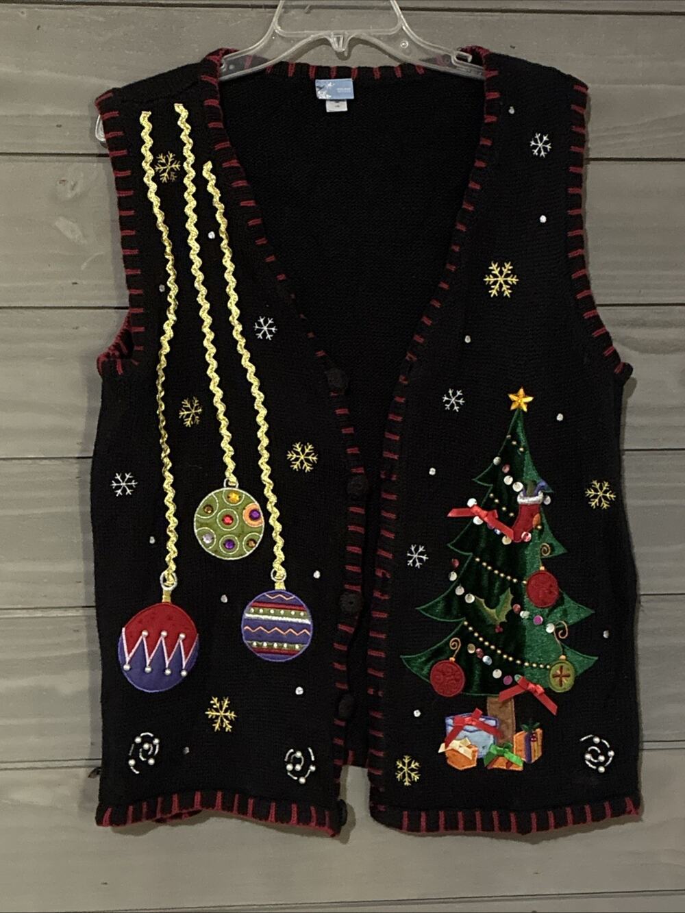 Holiday Editions Christmas Sweater Vest Womens L Festive Cardigan Holiday Beaded